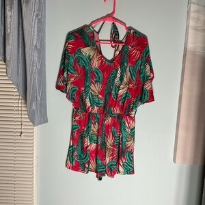 Entro Red and Green Tropical Print Romper
